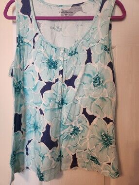 croft & barrow Aqua and Navy Floral Henley Tank, sz XL